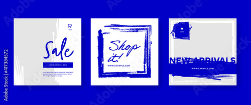 Fashion sale social media layouts with minimal brush design elements, graphic for online vendors and e-shops