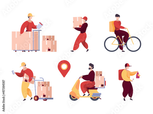 Delivery service. Professional deliver characters warehouse workers postman with packages and transport vector flat stylized people. Illustration professional service, deliver cartoon transportation