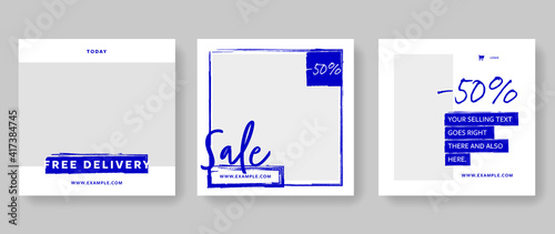 Fashion sale social media layouts with minimal brush design elements, graphic for online vendors and e-shops