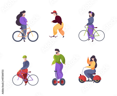 Riding people. Urban transport car scooter electric segway motorbike longboard skate garish vector flat characters riders isolated on white background. Illustration urban electric transport