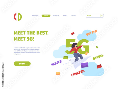 5g landing page. Future mobile technologies gsm internet high speed cellular systems garish vector business web page template. Illustration 5g speed information move, tech wireless