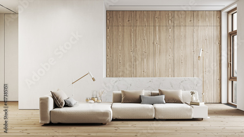 Modern, white minimalist interior with kitchen, sofa, wood floor, wall panels and marble kitchen island. 3d render illustration mock up.