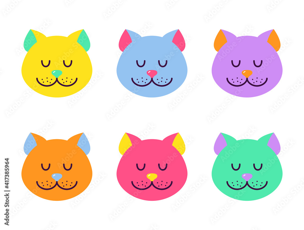 Set of cute cat's head icons. Easter symbol. Six cartoon kitten animals of pastel colors on white background. Kawaii characters for cat’s day, baby shower design. Vector illustration Set of cute cat's head icons. Easter symbol. Six cartoon kitten animals of pastel colors on white background. Kawaii characters for cat’s day, baby shower design. Vector illustration