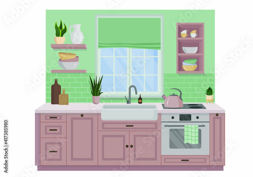 Vector kitchen isolated on a white background. The lovely kitchen is green and pink with a large window, stove, sink, kettle, dishes and home flowers. Interior design