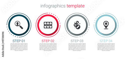 Set Medical analysis, Pills in blister pack, Medicine pill or tablet and Map pointer with cross hospital. Business infographic template. Vector.