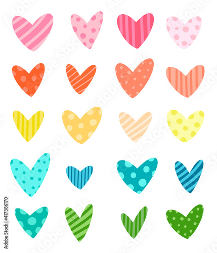 Doodle style flat vector colorful hearts set