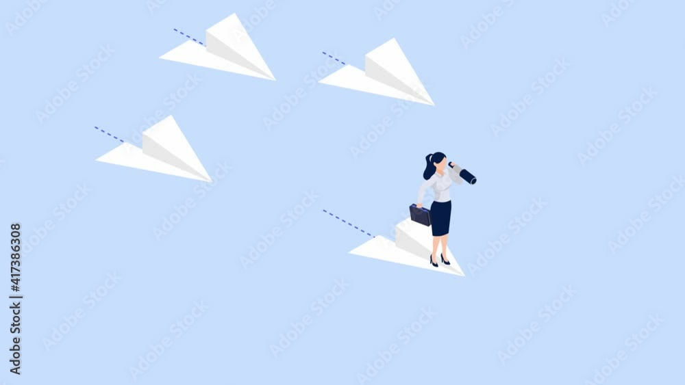 Businesswoman using a telescope on paper plane Businesswoman using a telescope on paper plane
