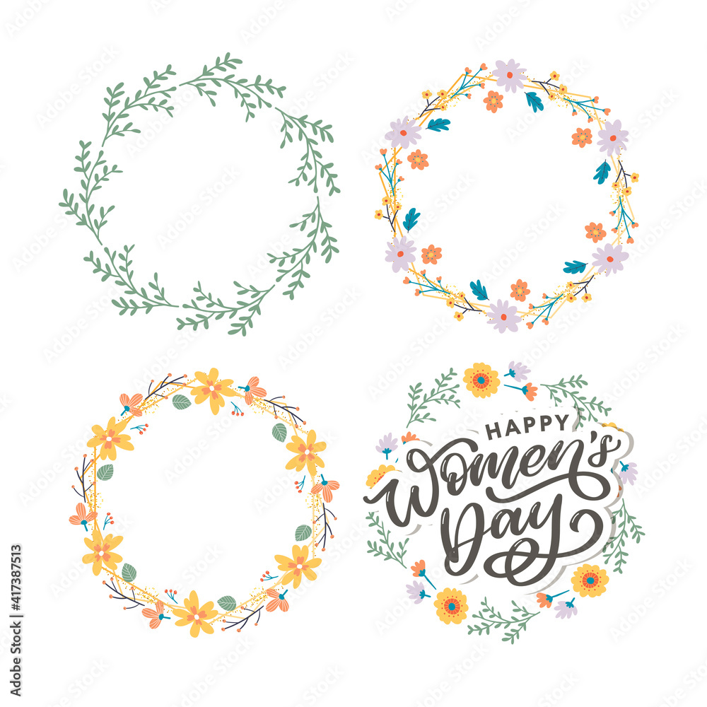 Happy Women s Day handwritten lettering. Modern vector hand drawn calligraphy with abstract flowers for your greeting card design Happy Women s Day handwritten lettering. Modern vector hand drawn calligraphy with abstract flowers for your greeting card design