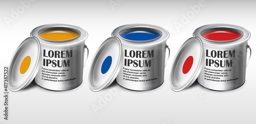 Opened paint cans of different colors and lids. Vector illustration.