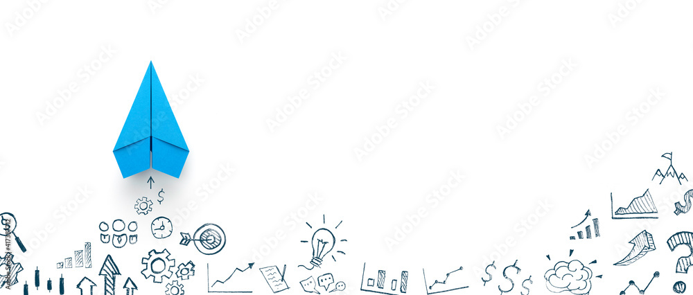 Blue paper plane and business strategy on white background, Business success, innovation and solution concept, copy space