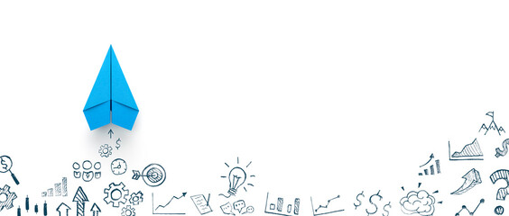 Blue paper plane and business strategy on white background, Business success, innovation and solution concept, copy space