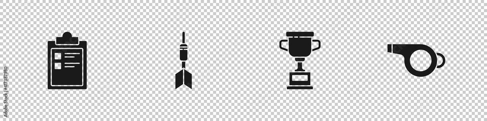 Set Sport training program, Dart arrow, Award cup and Whistle icon. Vector. Set Sport training program, Dart arrow, Award cup and Whistle icon. Vector.
