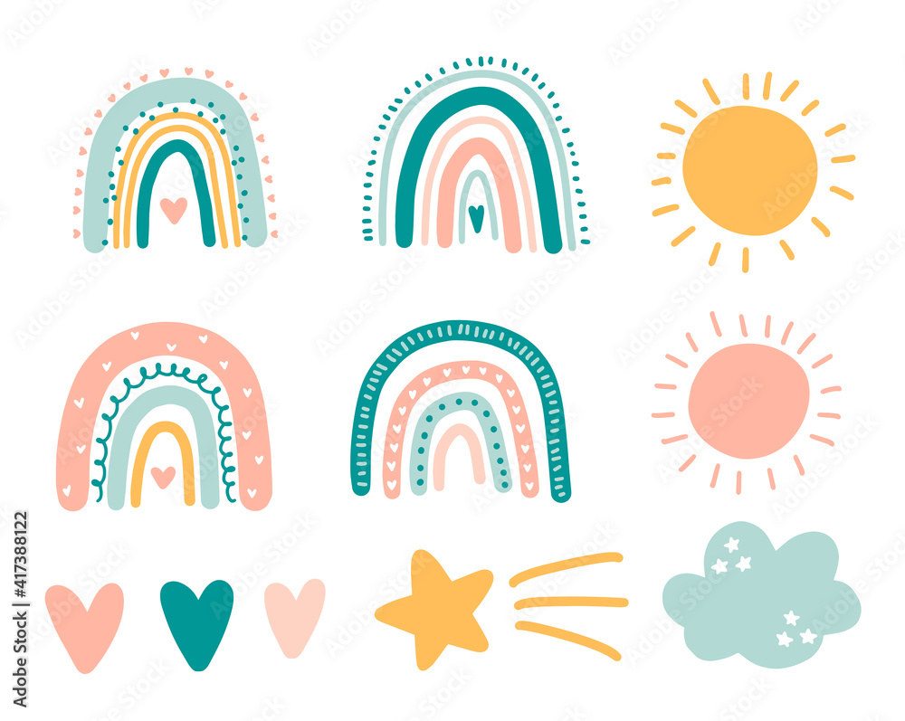 Doodle style flat vector boho rainbow set Stock Vector | Adobe Stock
