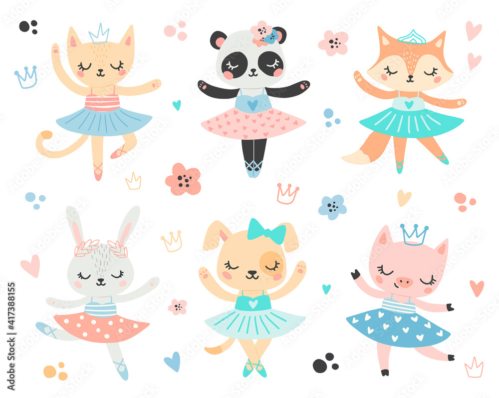 Doodle style flat vector ballet animals. Ballerinas cat, panda, fox, bunny, dog, pig