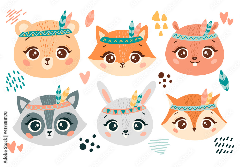Doodle style flat vector boho animals heads set. Boho forest animals faces. Bear, fox, beaver, racoon, rabbit, owl. Doodle style flat vector boho animals heads set. Boho forest animals faces. Bear, fox, beaver, racoon, rabbit, owl.