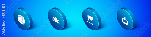 Set Isometric Volleyball ball, Pommel horse, TPX loop training equipment and Award over sports winner podium icon. Vector.