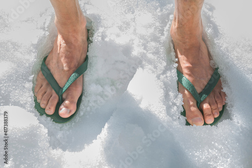 Wearing flip flop on the snow