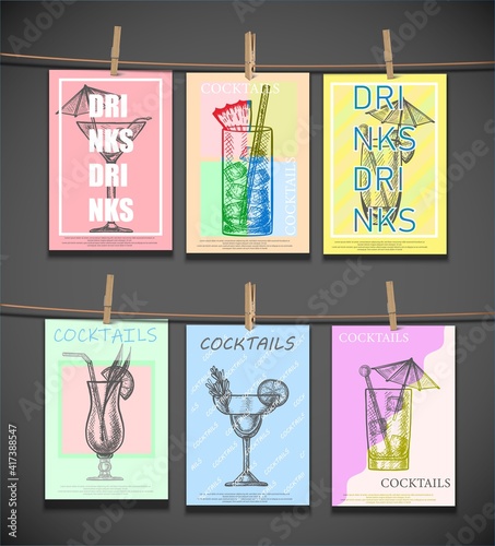 Vector templates of bar menu leaflets of cocktails hanging on the rope.