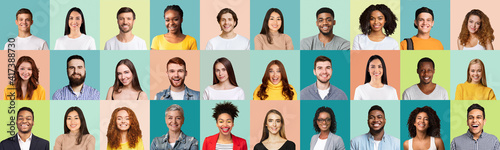 Mosaic Of Happy Females And Males Portraits Over Colored Backgrounds photo