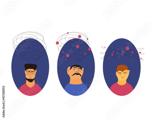 Mental issues. Different characters with lot of confusing thoughts, bad mood, depression, anxiety, stress. Persons with special needs. Vector color illustration.