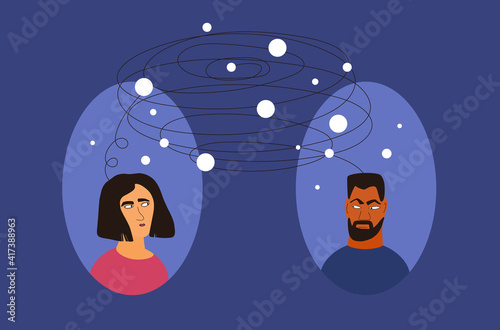 Bad relationship. Couple conflict. Female and male persons with lot of confusing thoughts about each other. Wife and husband with bad mood. Vector flat color illustration.