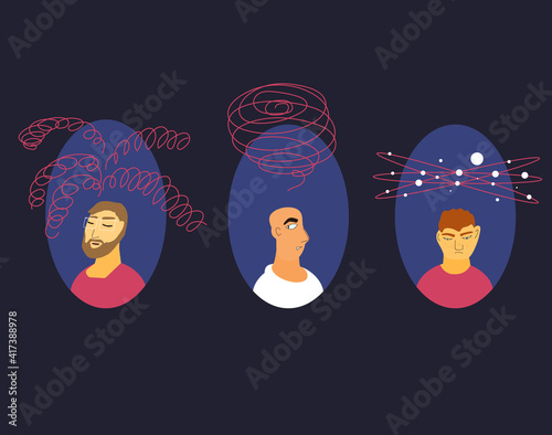 Mental issues. Different characters with lot of confusing thoughts, bad mood, depression, anxiety, stress. Persons with special needs. Vector color illustration.