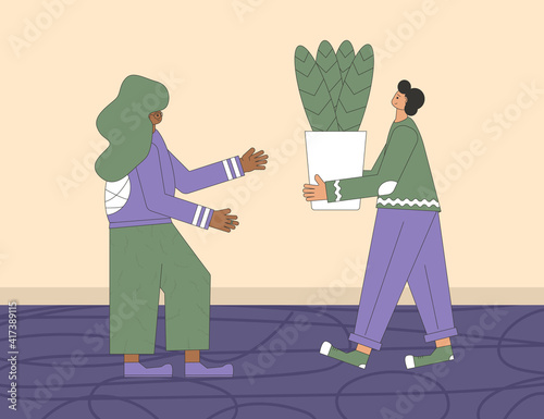 Plant lover. Man with indor flower pot. Vector
