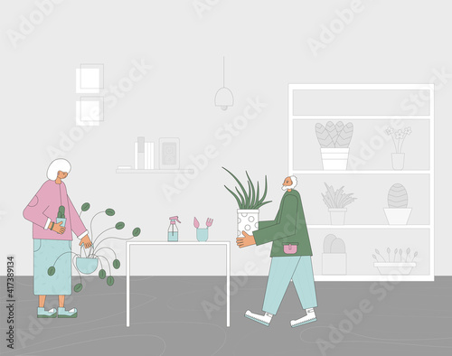 Plant lover. Man with indor flower pot. Vector