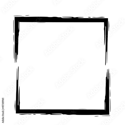 Square grunge frame isolated on white background. Black ink border.
