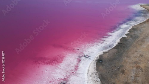 colorful Pink salt lake aerial drone view, 4k. pink and purple water in mineral lake with dry cristallized salty coast photo