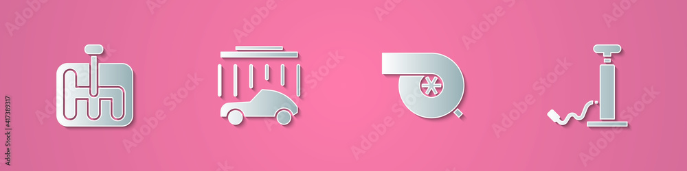 Set paper cut Gear shifter, Car wash, Automotive turbocharger and air pump icon. Paper art style. Vector. Set paper cut Gear shifter, Car wash, Automotive turbocharger and air pump icon. Paper art style. Vector.