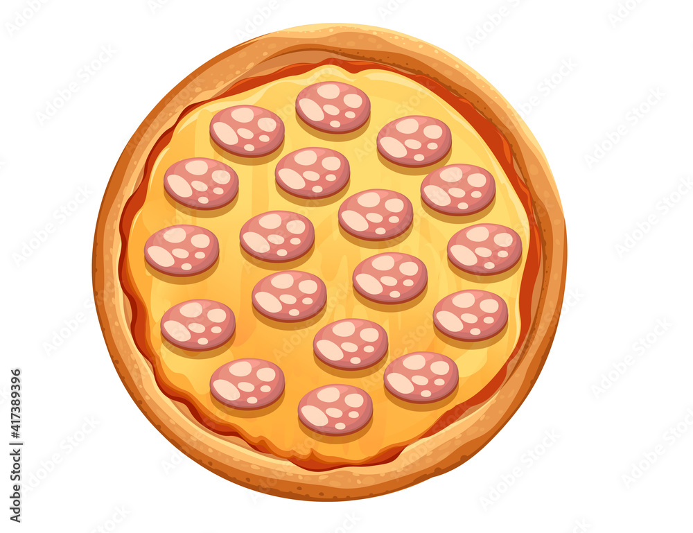 Tasty pizza with salami and cheese Italian fast food meal vector illustration isolated on white background Tasty pizza with salami and cheese Italian fast food meal vector illustration isolated on white background