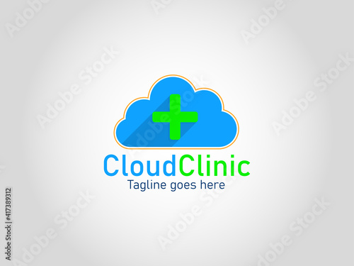 Medical logo healthcare symbol. Green cross sign with blue cloud icon vector design template