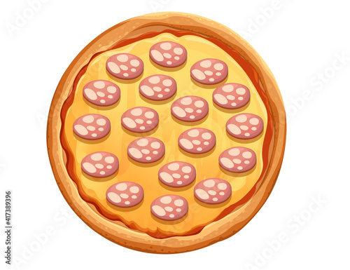 Tasty pizza with salami and cheese Italian fast food meal vector illustration isolated on white background