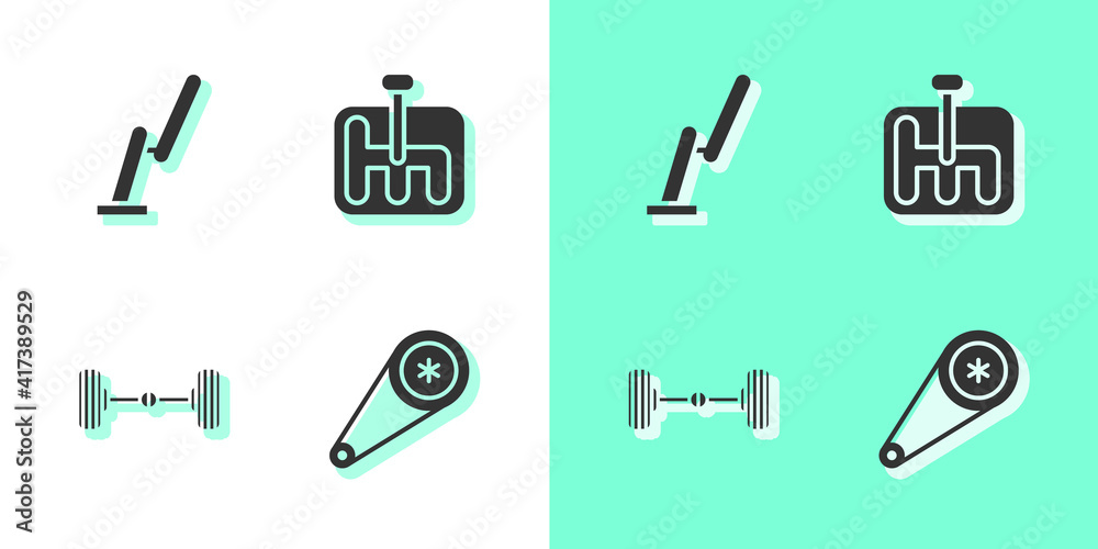 Set Timing belt kit, Windscreen wiper, Chassis car and Gear shifter icon. Vector. Set Timing belt kit, Windscreen wiper, Chassis car and Gear shifter icon. Vector.
