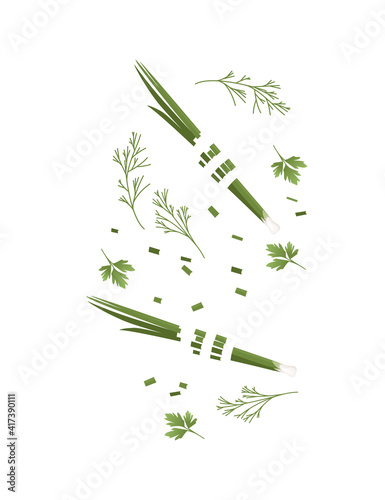 Sliced vegetables with green onion and herbs colored food icons for cooking vector illustration isolated on white background