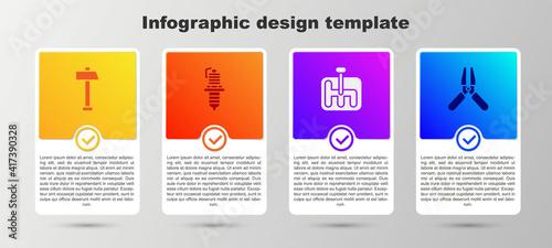 Set Hammer, Car spark plug, Gear shifter and battery jumper power cable. Business infographic template. Vector.