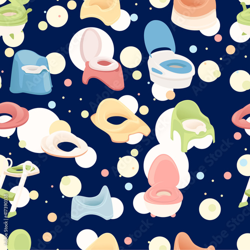 Seamless pattern of colored plastic potty for children flat vector illustration on blue background