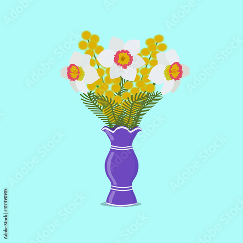 Spring flowers in a vase. Daffodils with mimosa.