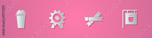 Set paper cut Milkshake, Medal for coffee, Sugar stick packets and Street signboard icon. Paper art style. Vector.