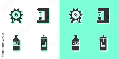 Set French press, Medal for coffee, Bottle with milk and Coffee machine icon. Vector.