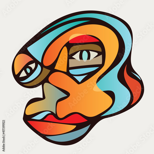 Abstract design of surreal face portrait. Hand-drawn face with a hint of cubism in funky colors. Concept art can be used for fashion, beauty treatment, health, and mental wellbeing.