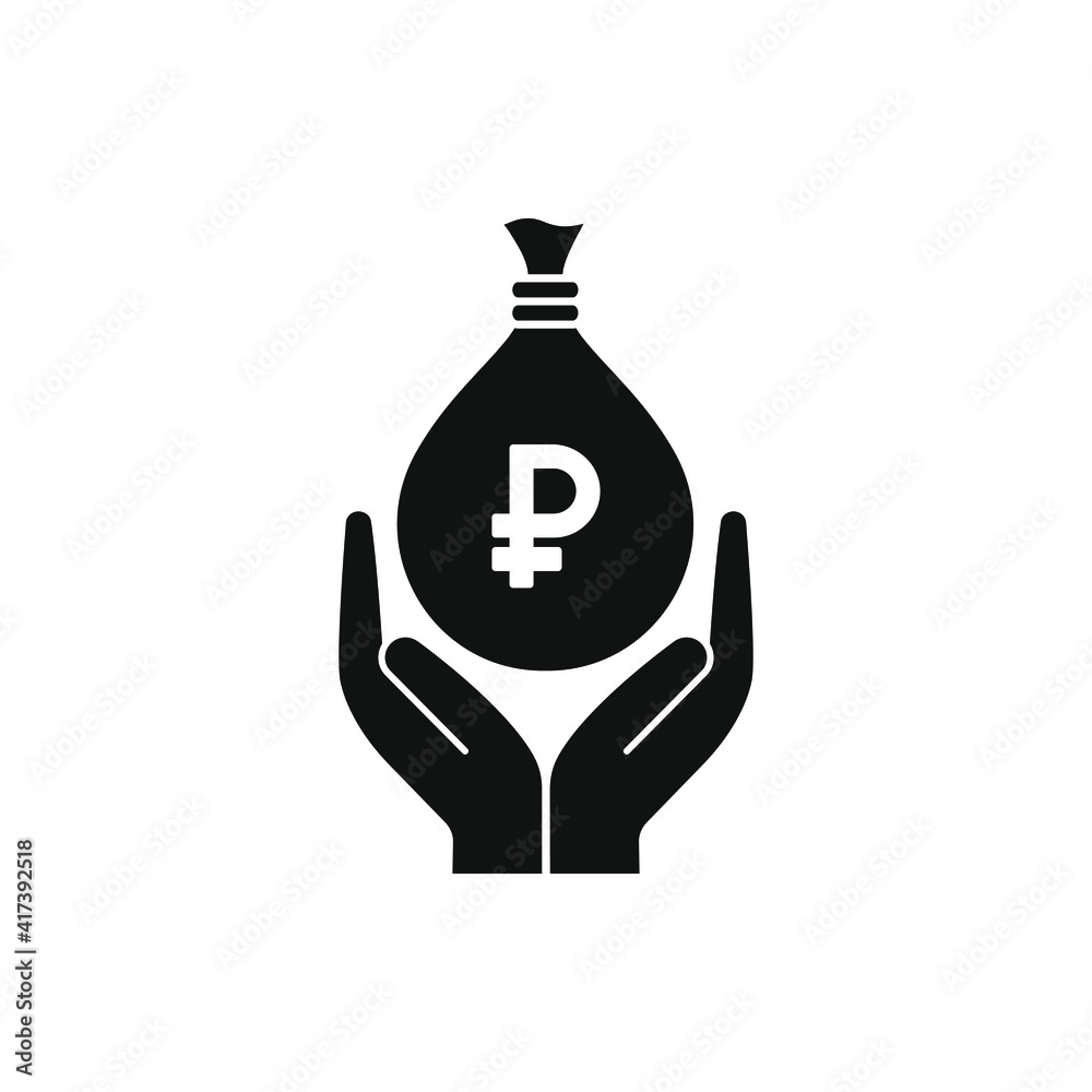 Rouble money bag on hands icon isolated on white background. Vector illustration Rouble money bag on hands icon isolated on white background. Vector illustration