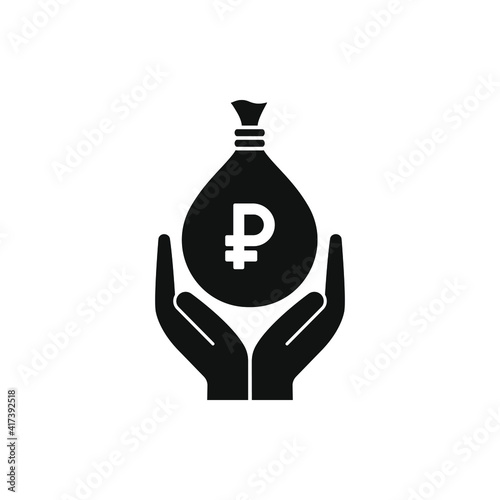 Rouble money bag on hands icon isolated on white background. Vector illustration