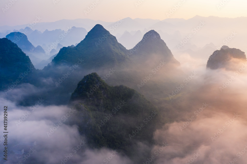 Guilin,Guangxi,China karst mountains on the Li River.Aerial view. Guilin,Guangxi,China karst mountains on the Li River.Aerial view.
