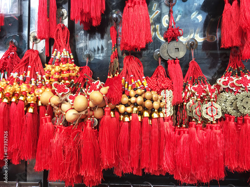Chinese new year auspicious gift for decoration to good luck and good fortune with Chinese alphabet all means good luck and good fortun photo