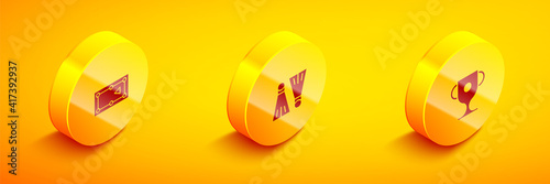 Set Isometric Billiard table, Rubber flippers for swimming and Award cup icon. Vector.