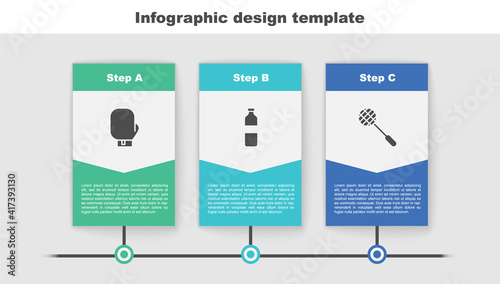Set Boxing glove, Bottle of water and Tennis racket. Business infographic template. Vector.