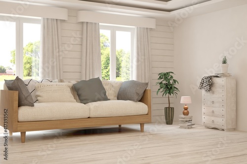 White living room with sofa and summer landscape in window. Scandinavian interior design. 3D illustration