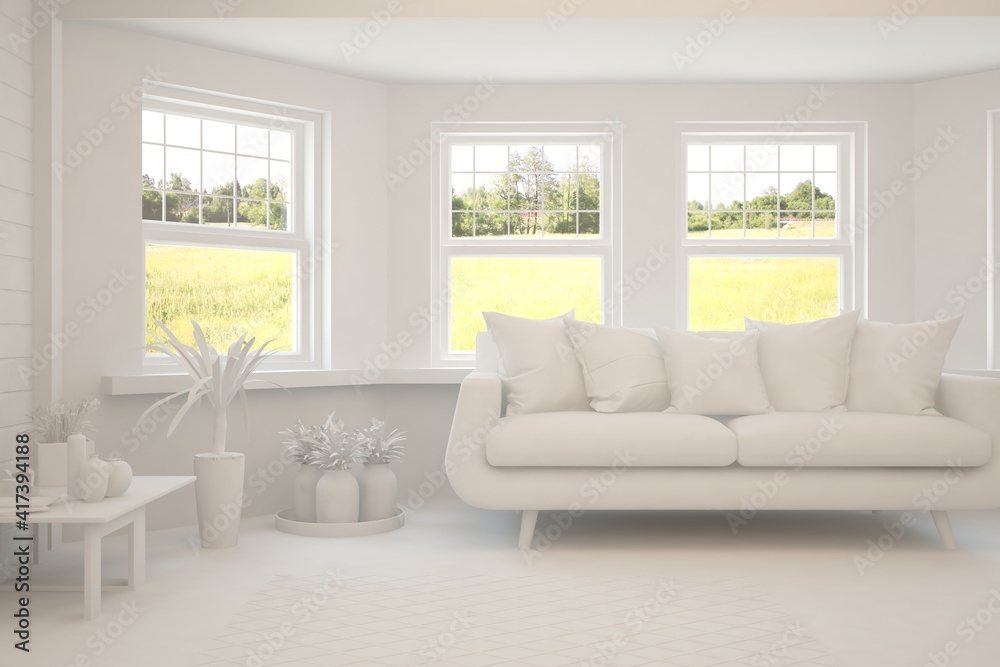 Fototapeta premium White living room with sofa and summer landscape in window. Scandinavian interior design. 3D illustration
